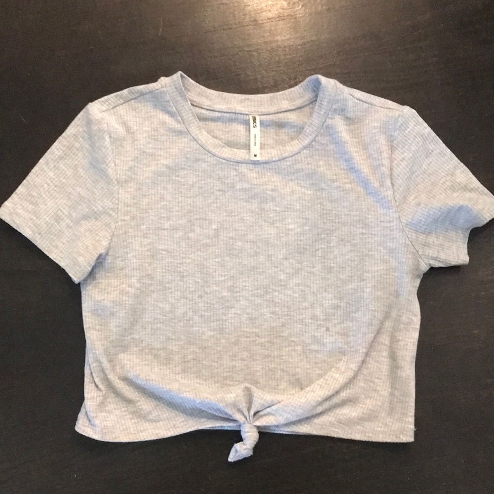 grey t shirt with knot in front